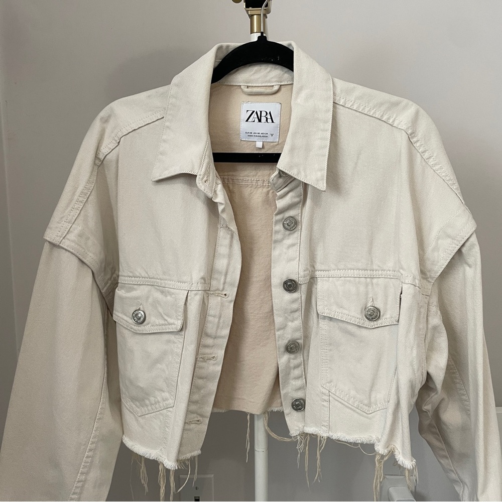 Zara Off-White Distressed Denim Jacket